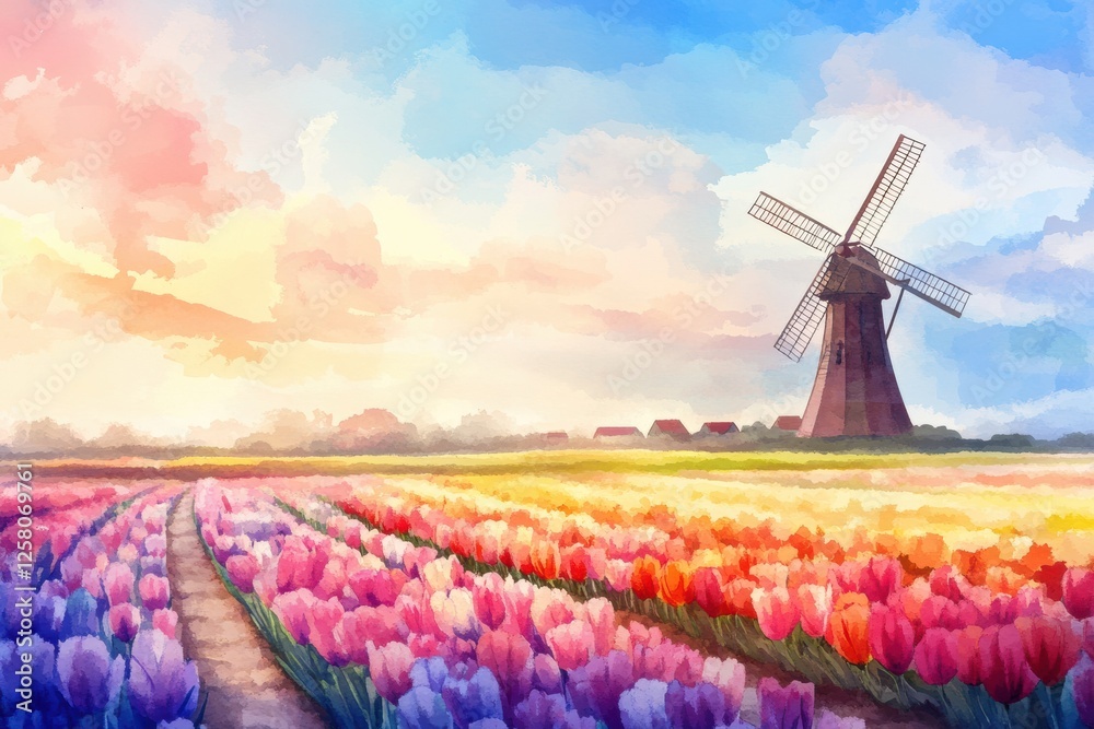 Poster vibrant tulip fields by a windmill under a colorful spring sky with space for personalized text. gen