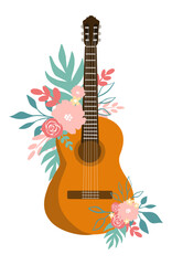 Illustration acoustic guitar with delicate flowers and leaves. A gentle and romantic illustration.Vector illustration