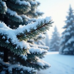 Snow-covered pine tree branches frozen in the frost, frost, winter