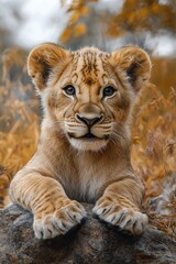 Obraz premium Adorable Lion Cub Resting On Rock In Autumnal Setting