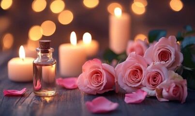 Bottle of essential oil or natural perfume with roses, romantic atmosphere, spa facial and body care. Mockup. Concept for Valentine's day in spa