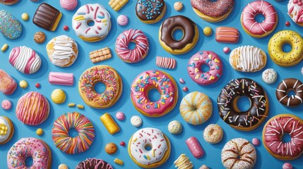 Colorful donuts and candies on blue background.