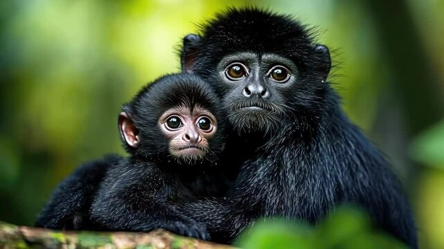 Tender moment between a black monkey and its baby in lush forest setting