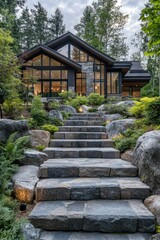 Fototapeta premium Elegant modern home with stone staircase and lush garden