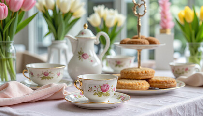 Fototapeta premium The Wheel of the Year. Ostara tea party with vintage floral teacups and pastries, spring celebration