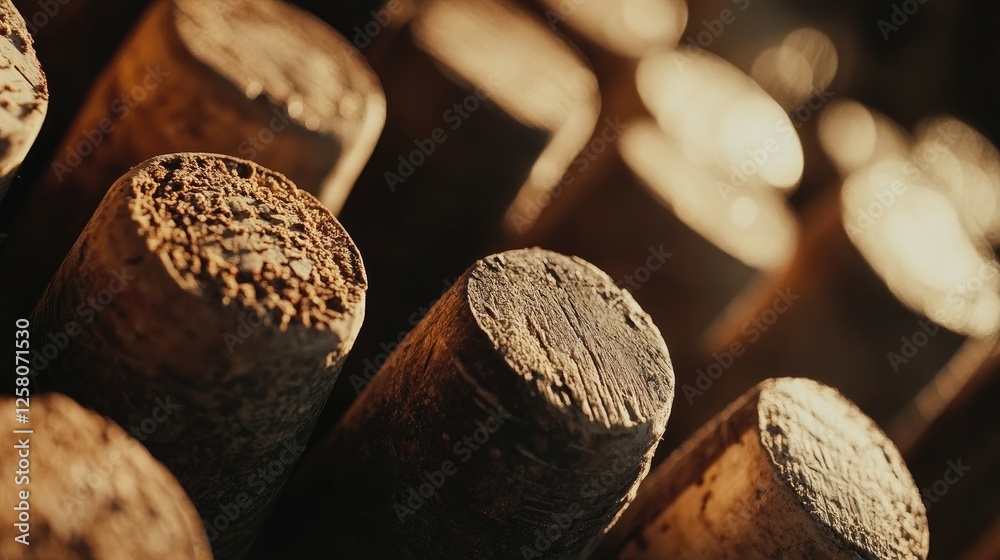 Poster a close-up of wine corks, showing their natural textures and unique features, representing the rich 