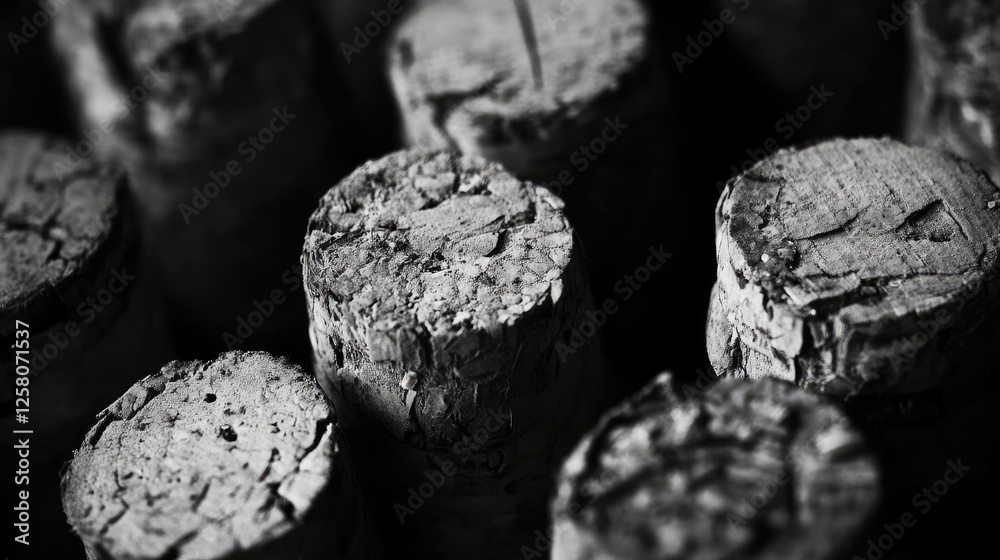 Poster a close-up of wine corks, showing their natural textures and unique features, representing the rich 