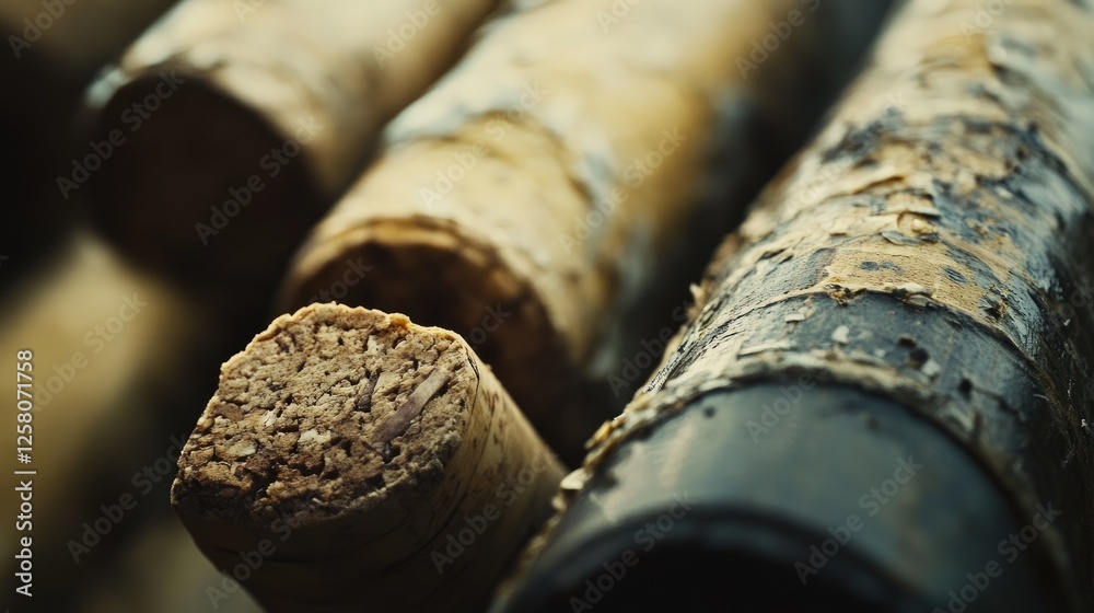 Poster a close-up of wine corks, showing their natural textures and unique features, representing the rich 