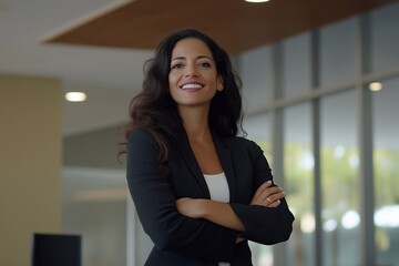 Obraz premium Smiling latin business woman with crossed arms dreaming. Confident good looking middle age female leader saleswoman standing in office.