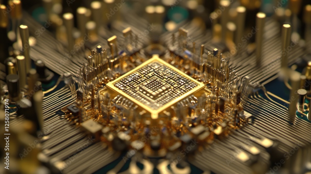 Poster a close-up view of a gold microchip, intricately placed on a circuit board, emphasizing detailed ele