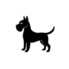 Silhouette of a standing Schnauzer Dog, depicted in black, against a white background, minimalist and flat design.