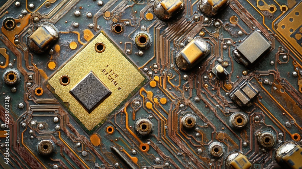 Poster a close-up view of a gold microchip, intricately placed on a circuit board, emphasizing detailed ele