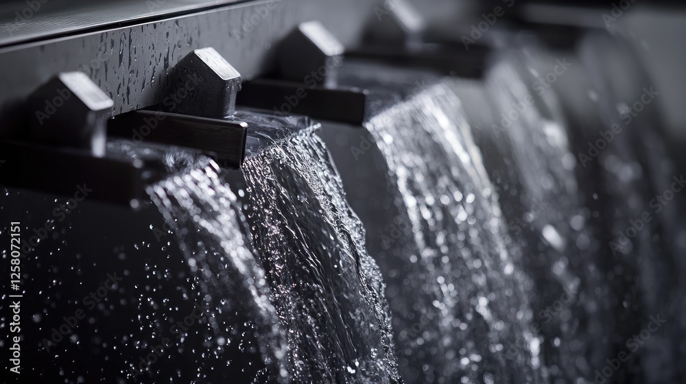 Poster a close-up view of water cascading through a reverse osmosis system, highlighting the clarity and fl