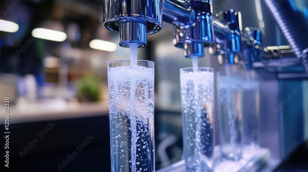 Poster a close-up view of water cascading through a reverse osmosis system, highlighting the clarity and fl