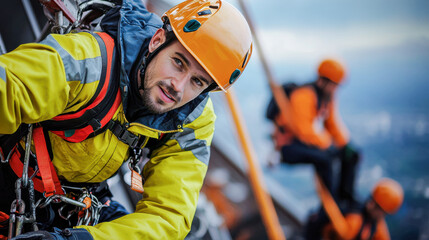 maintenance engineer in safety gear climbs structure with focus and determination