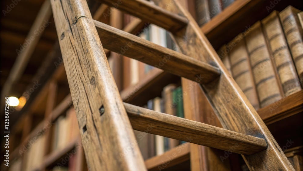 Poster A closeup capture of the ladders wooden rungs showcasing the worn wellloved surface and the subtle grain patterns suggesting years of enjoyment in the library.