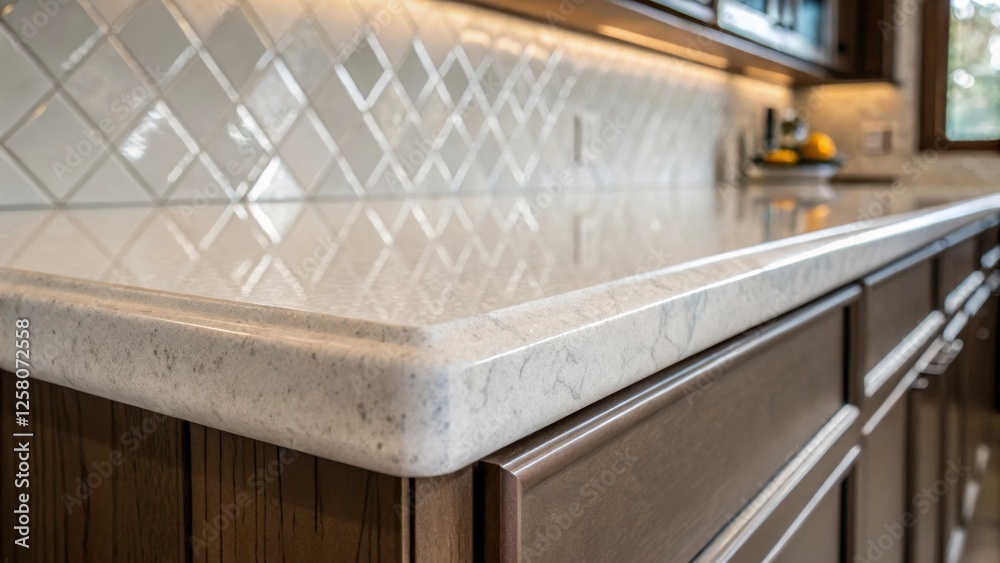 Aufkleber A closeup captures the intricate details of a handfinished waterfall edge highlighting the smooth transition from the countertop to the base accented by an elegant backsplash.