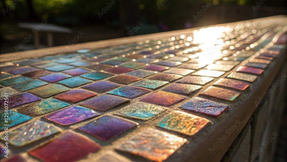 Poster a closeup capturing the rich detail of a single mosaic tile with a shimmering glass surface showcasi