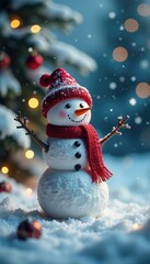 Fototapeta premium Snowman and snowflakes in a winter wonderland scene, festive, winter
