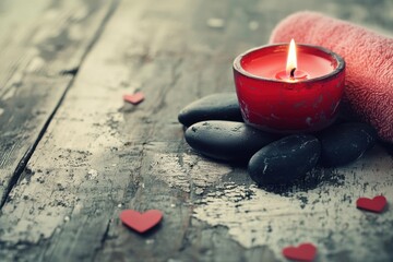 Background decor with folded spa towels and basalt stones for stone therapy and massage with candles, roses and hearts. Spa salon concept, romantic spa for two, Valentine's Day February 14