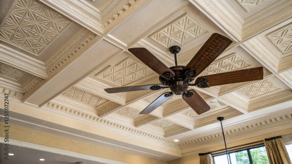 Aufkleber A closeup focuses on the integration of the fan within a coffered ceiling design where the hidden blades complement the architectural details seamlessly contributing to a cohesive