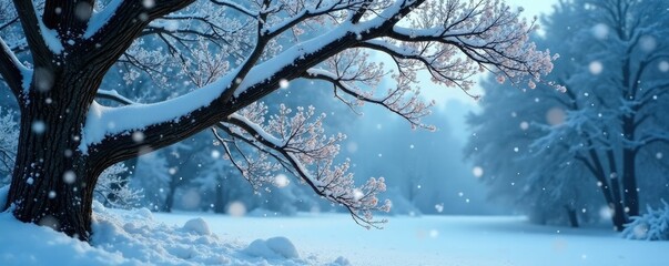Tree branches heavy with snow falling from the sky, scenery, frozen, stormy