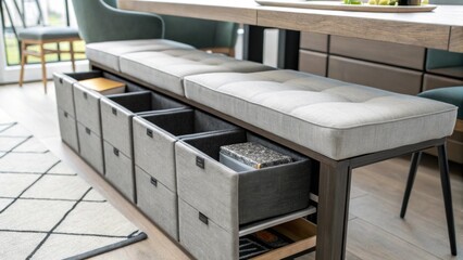 A closeup focusing on a modular storage solution beneath a modern dining bench featuring interlocking cubes that can be rearranged to customize storage space.