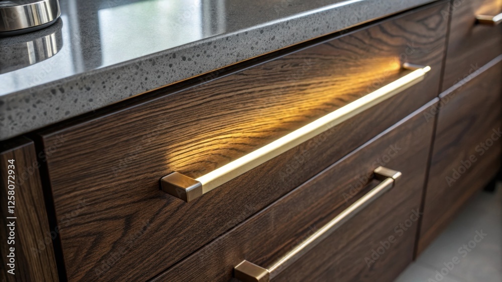 Poster A closeup highlighting the contrast between the glowing handle and the dark wood grain of the drawer enhancing the kitchens design aesthetic.