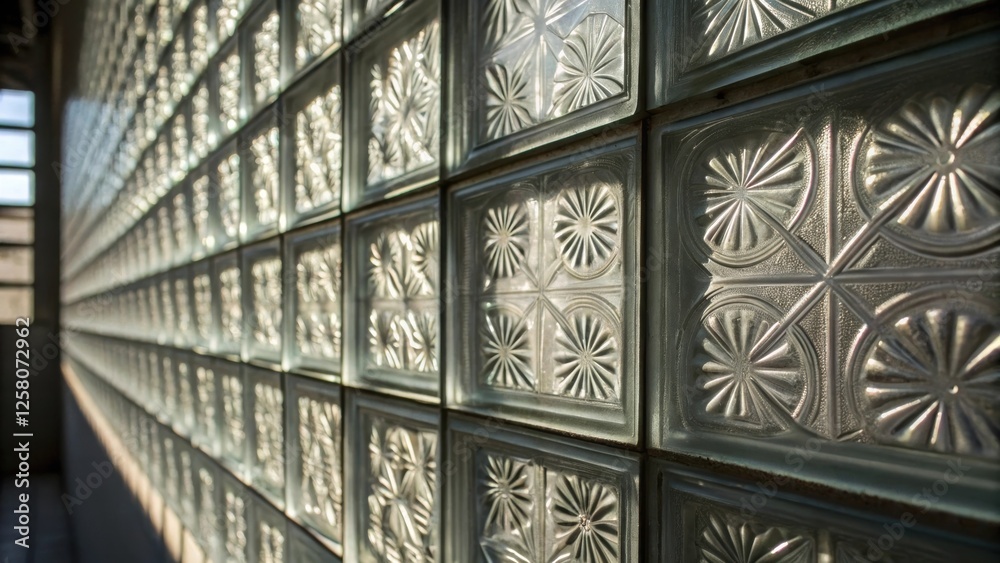 Aufkleber A closeup highlighting the playful patterns created by light through a series of glass blocks with a focus on the unique shapes cast on the opposite wall.