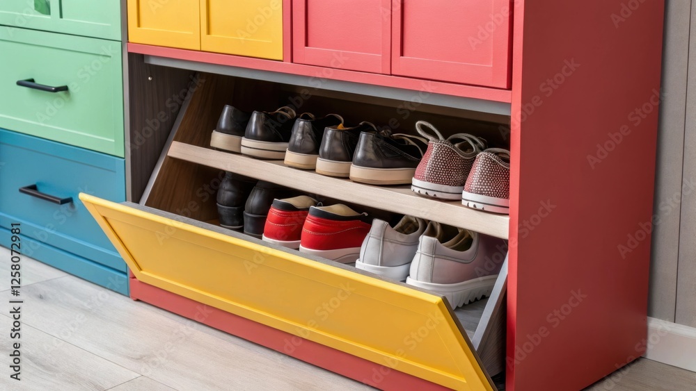 Poster A closeup image capturing a builtin shoe rack with a combination of open and closed storage featuring a striking color palette that elevates the space.