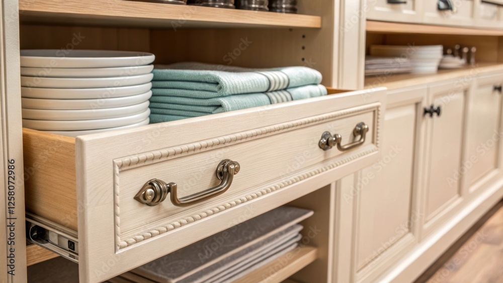 Poster A closeup highlighting the intricate details of a pullout shelfs hardware emphasizing craftsmanship and durability with a backdrop of neatly stacked pantry items in soft tones.