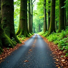 Fototapeta premium Tree trunks with moss and lichen growing on asphalt road, nature, landscape