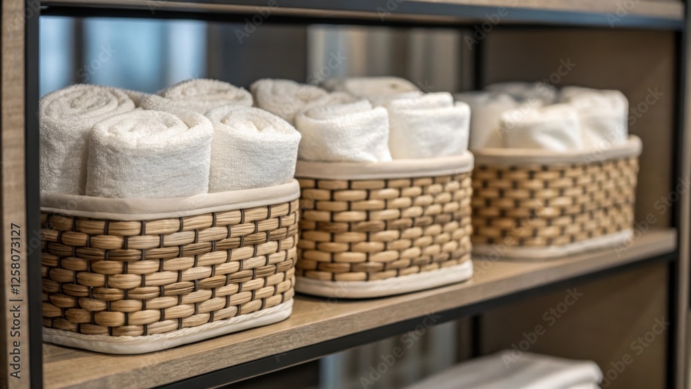 Leinwandbilder A closeup image of a set of decorative wallmounted baskets arranged on a shelf displaying towels and ries highlighting functional organization.
