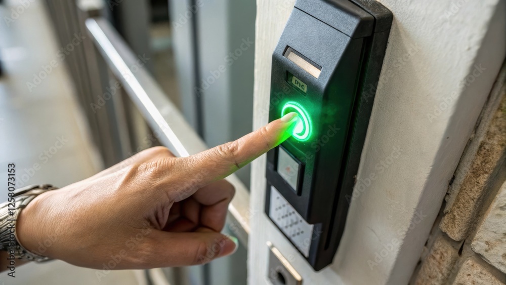 Poster a closeup image of a persons finger successfully activating the lock with a green light glowing to i