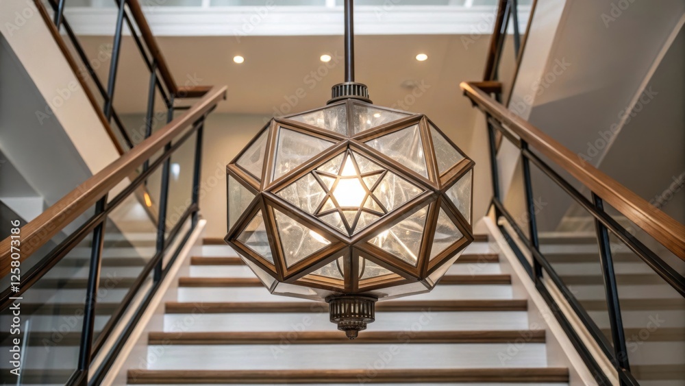 Poster A closeup image of a stylish energyefficient stairwell light fixture with a unique geometric design reflecting the surrounding decor style.