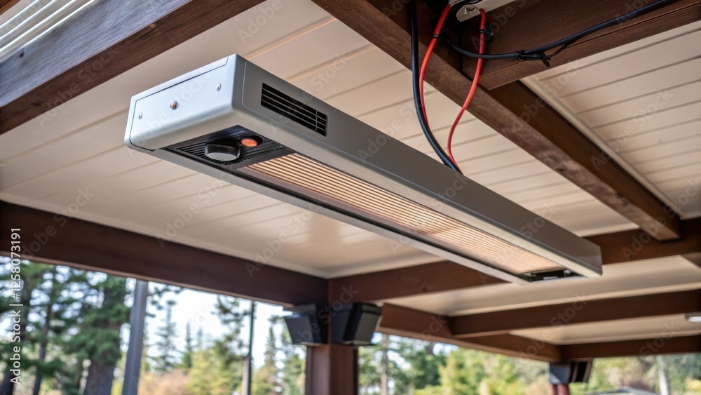Aufkleber A closeup image of an infrared heating panel being installed on the ceiling of a covered patio focusing on the sleek design and electrical connections being made.