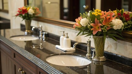 A closeup image of a bathroom vanity beneath an antiglare mirror focusing on the stylish decor and fresh floral arrangements.