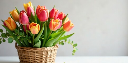 Obraz premium Tulip basket filled with colorful tulips and greenery, vases, centerpiece, spring decor