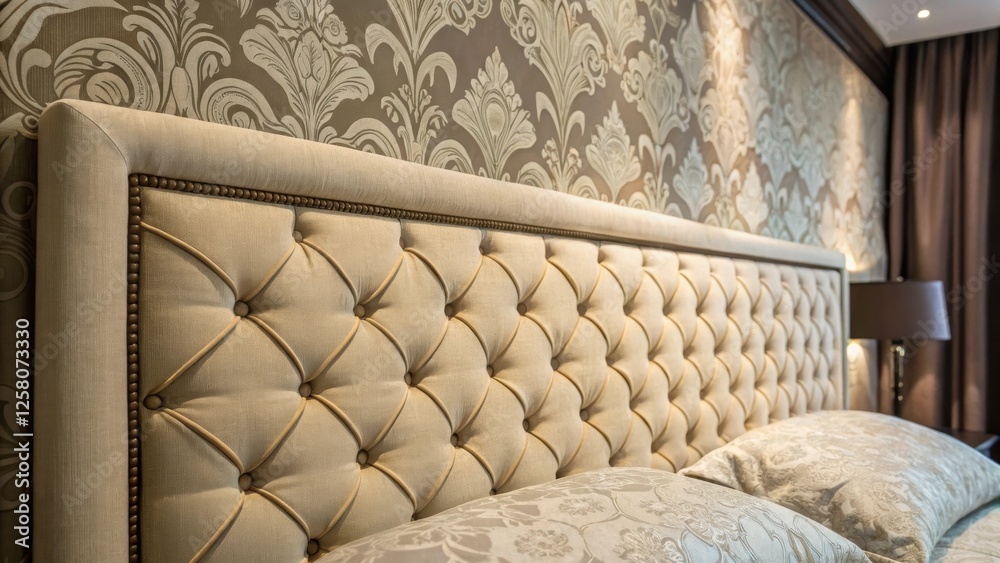 Poster a closeup of a beautifully upholstered headboard merging seamlessly with a fabriccovered wall emphas