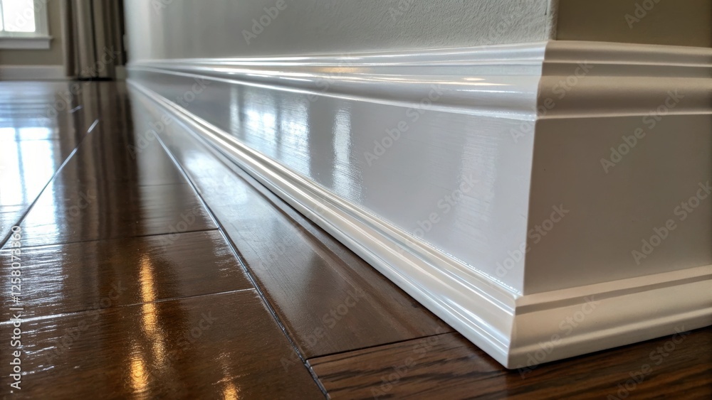 Poster A closeup of a baseboard painted in a highgloss finish capturing the light reflecting off the surface and enhancing its streamlined appearance.