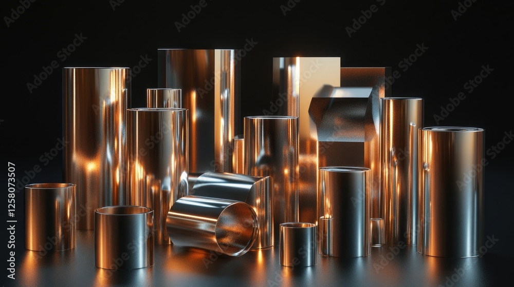 Poster A collection of shiny metallic cubes and cylinders arranged in an interlocking pattern, showcasing their smooth surfaces, reflections, and contrasts against a dark background.