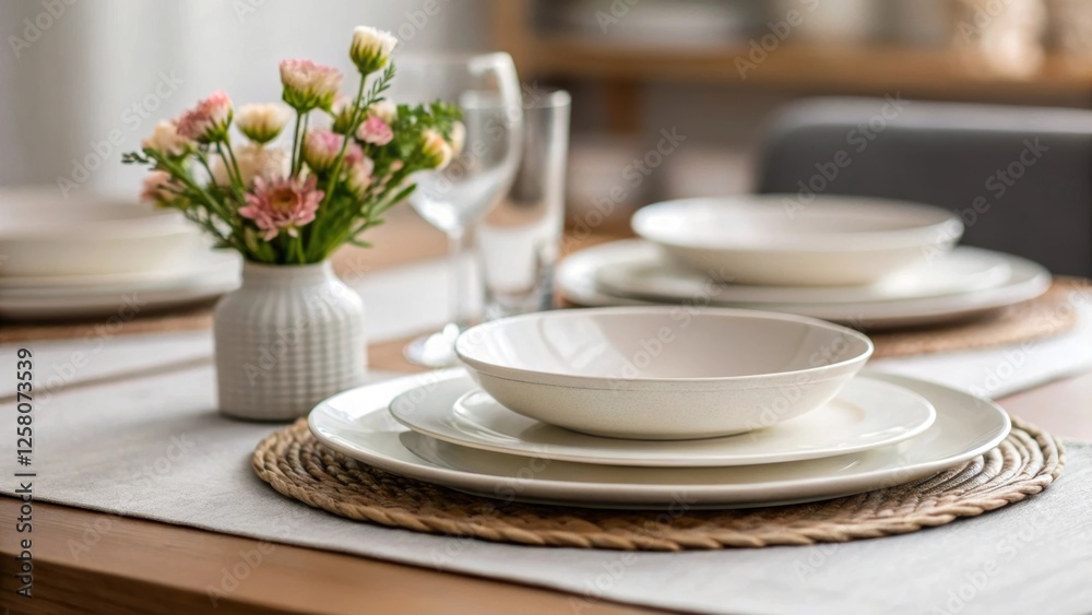 Poster A closeup of a carefully arranged dining table set with simple dishware and a small vase of flowers merging functionality with understated elegance.