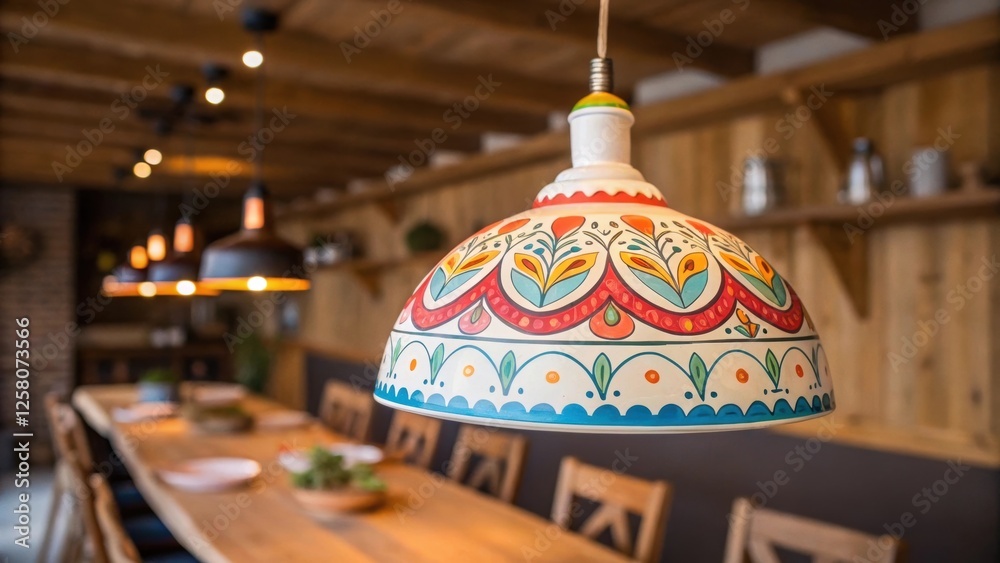 Aufkleber A closeup of a colorful ceramic pendant light featuring handpainted patterns that create a playful ambiance in a rustic dining area.
