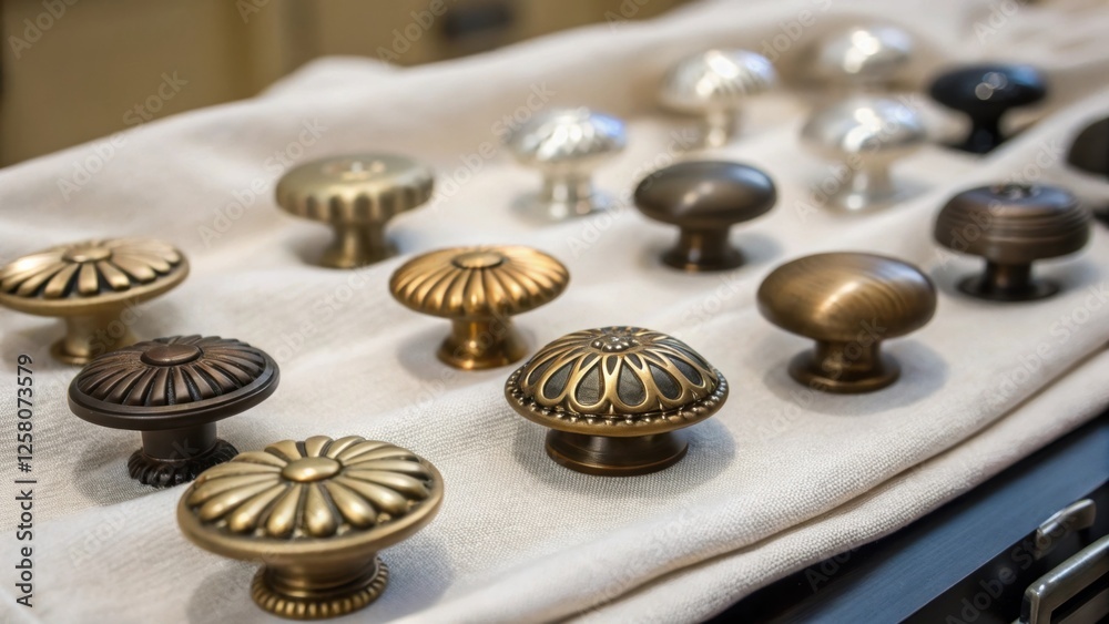 Poster a closeup of a collection of decorative drawer pulls laid out on a soft cloth showcasing various sty