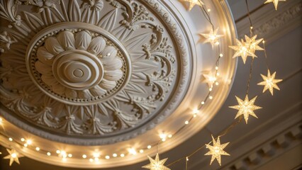A closeup of a ceiling medallion surrounded by a halo of soft star lights blending classical design elements with a modern celestial theme.