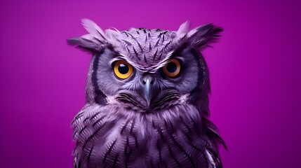 Fototapeta premium Majestic Owl Portrait Intense Gaze Purple Background Wildlife Photography