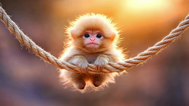 Adorable baby monkey hanging on rope with stunning sunset backdrop