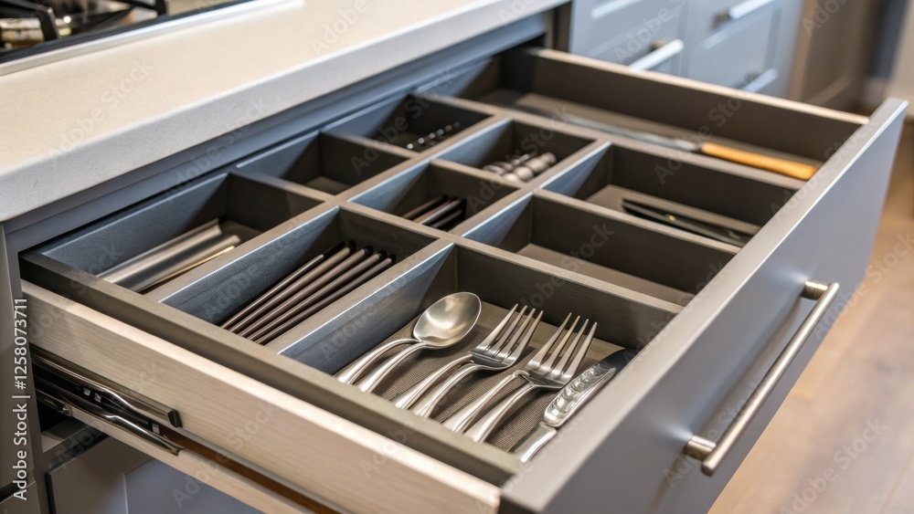 Aufkleber a closeup of a cabinet interior revealing organized pullout drawers with dividers for utensils empha