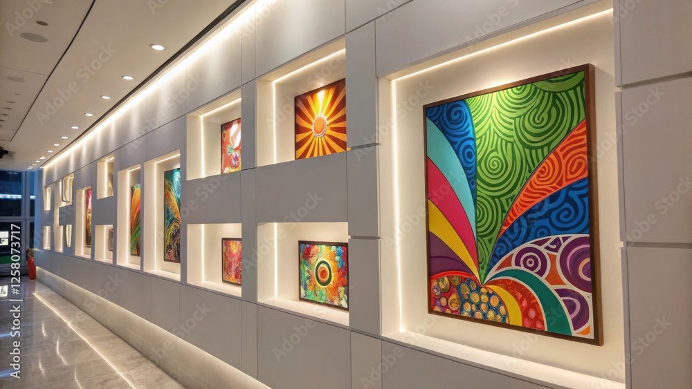 Poster a closeup of a bright modern wall with sleek geometric niches that house a dynamic display of vibran