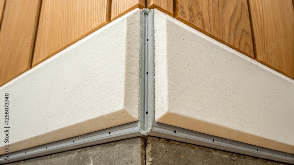 Poster a closeup of a corner joint where two soundproof panels meet with small gaps sealed by acoustic caul